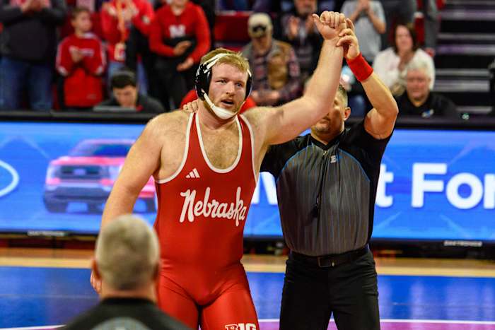 Nebraska's Nash Hutmacher, a defensive linemen on the Husker football team, got a 5-0 victory in the heavyweight match.